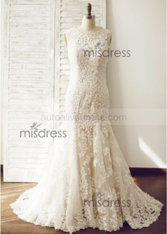 Vintage Lace Tulle Mermaid Wedding Dress With Champagne Lining